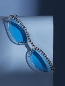 HAUTE SAUCE by  Campus Sutra HAUTE SAUCE by Campus Sutra Women Blue Lens & Silver-Toned Fashion with UV Protected Lens Sunglasses