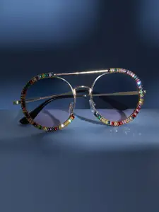 HAUTE SAUCE by  Campus Sutra HAUTE SAUCE by Campus Sutra Women Blue Lens & Gold-Toned Fashion with UV Protected Lens Sunglasses