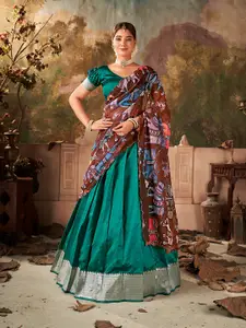 SHOPGARB Teal Semi-Stitched Lehenga & Unstitched Blouse With Dupatta