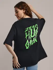 iki chic Typography Printed Drop-Shoulder Sleeves Oversized Cotton T-shirt