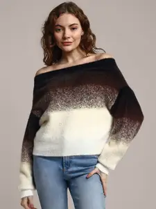 iki chic Ombre Gradient Off Shoulder Cotton Woollen Fuzzy Pullover