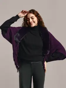 iki chic Women Purple Woollen Poncho with Fringed Detail