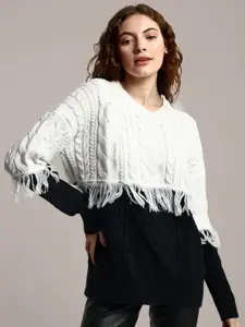 iki chic Colourblocked Cable Knit Cotton Woollen Fringed Oversized Pullover