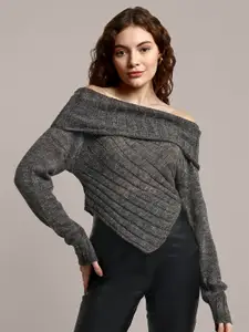 iki chic Women Grey Woollen Pullover with Fuzzy Detail