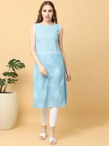 KALINI Ethnic Motifs Printed Boat Neck Cotton Straight Kurta