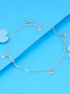 GIVA Set Of 2 German Silver Rhodium Plated Stone Studded Crown Charm Anklets