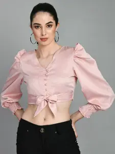 PRETTY LOVING THING V-Neck Puff Sleeves Cropped Satin Top