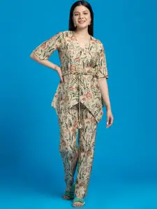 OCTICS Floral Printed Top & Trousers Co-Ordd