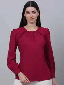 Cantabil Round Neck Cuffed Sleeves Gathered or Pleated Top
