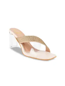 Shoetopia Cream-Coloured Embellished Party Block Sandals