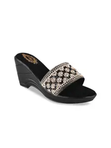Shoetopia Black Embellished Party Wedge Sandals