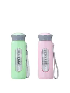 WELOUR Green & Pink Set of 2 Glass Solid Water Bottle