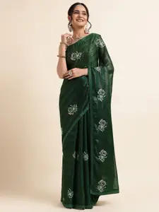 FABMORA Green Embellished Embroidered Poly Chiffon Designer Saree