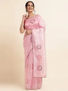 FABMORA Pink Embellished Embroidered Organza Designer Saree