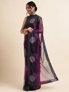 FABMORA Purple Embellished Embroidered Designer Saree
