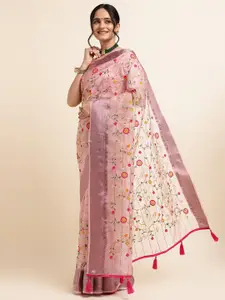 FABMORA Pink Embellished Embroidered Organza Designer Saree