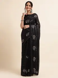 FABMORA Black Embellished Embroidered Poly Chiffon Designer Saree
