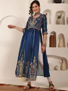 Sangria Floral Embroidered Pure Georgette Straight Kurta With Dupatta