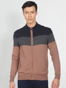 Arrow Colourblocked Mock Collar Long Sleeves Cardigan Sweater