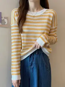 StyleCast Yellow & White Striped Round Neck Pullover