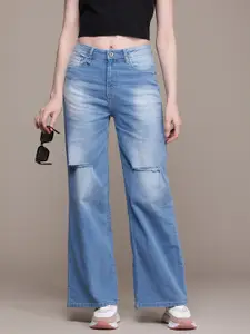 The Roadster Life Co. Women Wide Leg Mildly Distressed Heavy Fade Stretchable Jeans