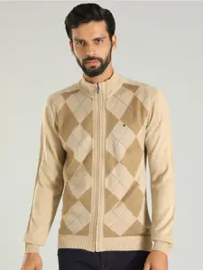 Indian Terrain Checked Mock Collar Pure Acrylic Cardigan Sweater