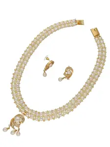 Sri Jagdamba Pearls Dealer Gold-Plated Stone-Studded & Beaded Necklace and Earrings