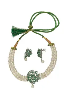 Sri Jagdamba Pearls Dealer Gold-Plated Stone-Studded & Beaded Necklace and Earrings