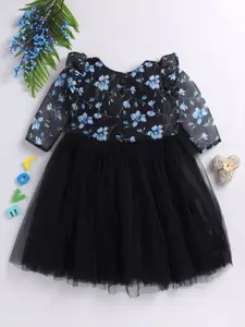 Toonyport Girls Floral Printed Ruffled Net Fit & Flare Dress