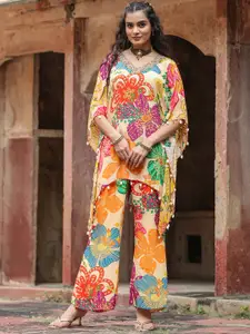 SCAKHI Floral Printed V-Neck Kaftan Top With Palazzos
