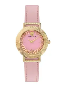 Versace Women Pink Brass Dial & Pink Leather Straps Analogue Watch VE3D00222