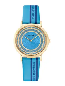 Versace Women Blue Brass Dial & Blue Leather Straps Analogue Watch VE3M00222