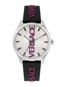 Versace Men Silver-Toned Brass Dial & Black Straps Analogue Watch VE3H00122