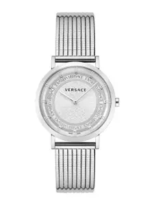 Versace Women Silver-Toned Brass Dial & Silver Toned Stainless Steel Straps Analogue Watch VE3M00422