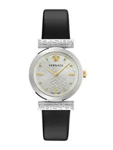 Versace Women Silver-Toned Brass Dial & Black Leather Straps Analogue Watch VE6J00123