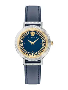 Versace Women Blue Brass Dial & Blue Leather Straps Analogue Watch VE3D00122