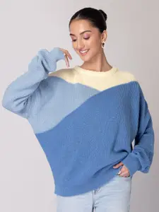 FabAlley Blue Colourblocked Oversized Acrylic Pullover