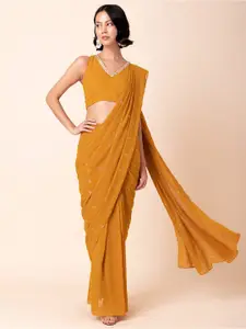 INDYA Orange Foil Print Ready To Wear Saree With Blouse