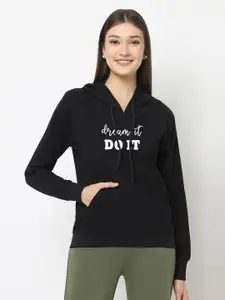 VISO Women Black Printed Hooded Sweatshirt