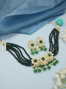 I Jewels Gold-Plated Kundan Studded & Pearl Beaded Choker Necklace With Earrings