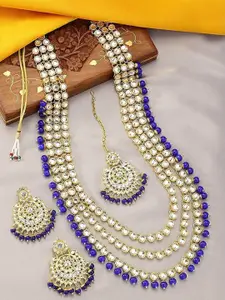 I Jewels Gold-Plated Kundan Studded & Pearls Beaded Necklace With Earrings & Maang Tika