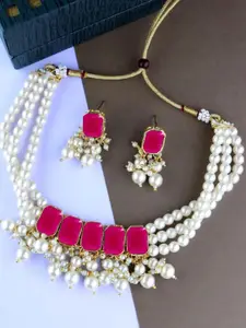 I Jewels Gold-Plated Stones Studded & Pearls Beaded Choker Necklace With Earrings