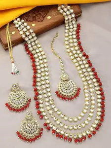 I Jewels Gold-Plated Kundan Studded & Pearls Beaded Necklace With Earrings & Maang Tika
