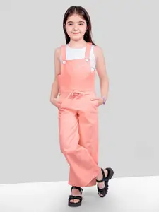 Naughty Ninos Girls Peach-Coloured & White Top with Denim Dungarees