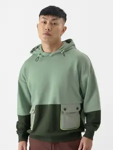 The Souled Store Men Green Colourblocked Hooded Sweatshirt