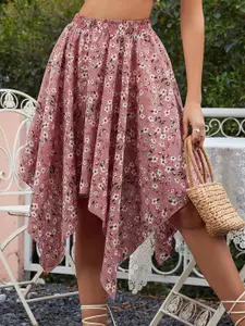 LULU & SKY Floral Printed Flared Midi Asymmetric Skirts