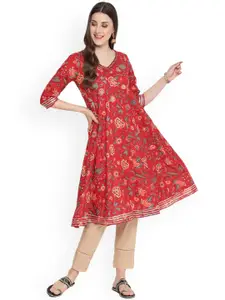 SAVI Floral Printed V-Neck A-Line Kurta