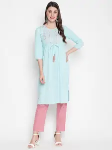 SAVI Floral Embroidered A-Line Cotton Kurta