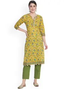 SAVI Floral Printed Gotta Patti Straight Cotton Kurta