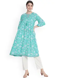SAVI Floral Printed Puff Sleeves Empire Cotton Kurta